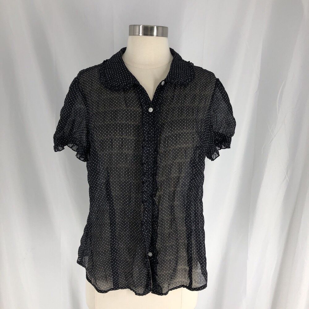 Ann Taylor Loft Black White Womens 12 Polka Dots Short Sleeve Sheer Button Up